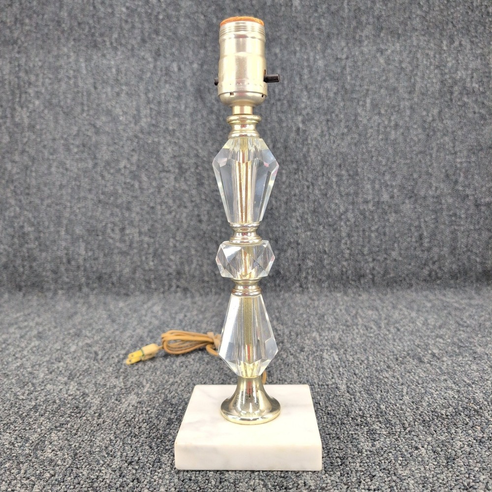 Vintage Table Lamp Base White Clear Marble Glass Gold Hollywood Regency 12.5in